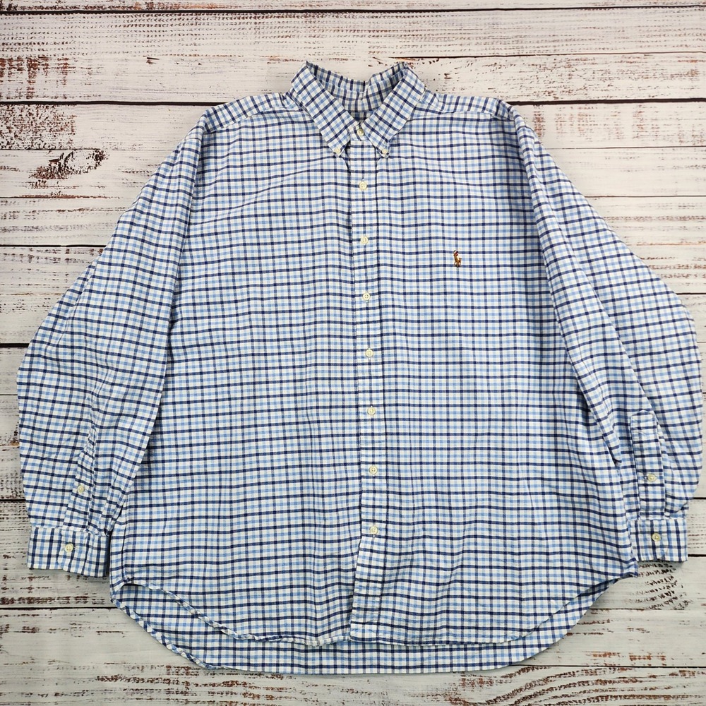 Polo Ralph Lauren 2XB Big Mens Blue White Gingham Check Button Down Shirt Pony